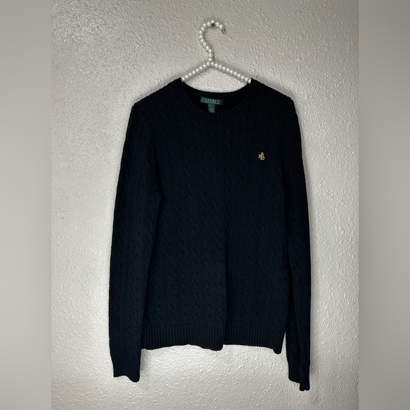 Lauren Ralph Lauren Green Label Sweater Womens Sz L Cable Knit Long Sleeve Black - Picture 1 of 7